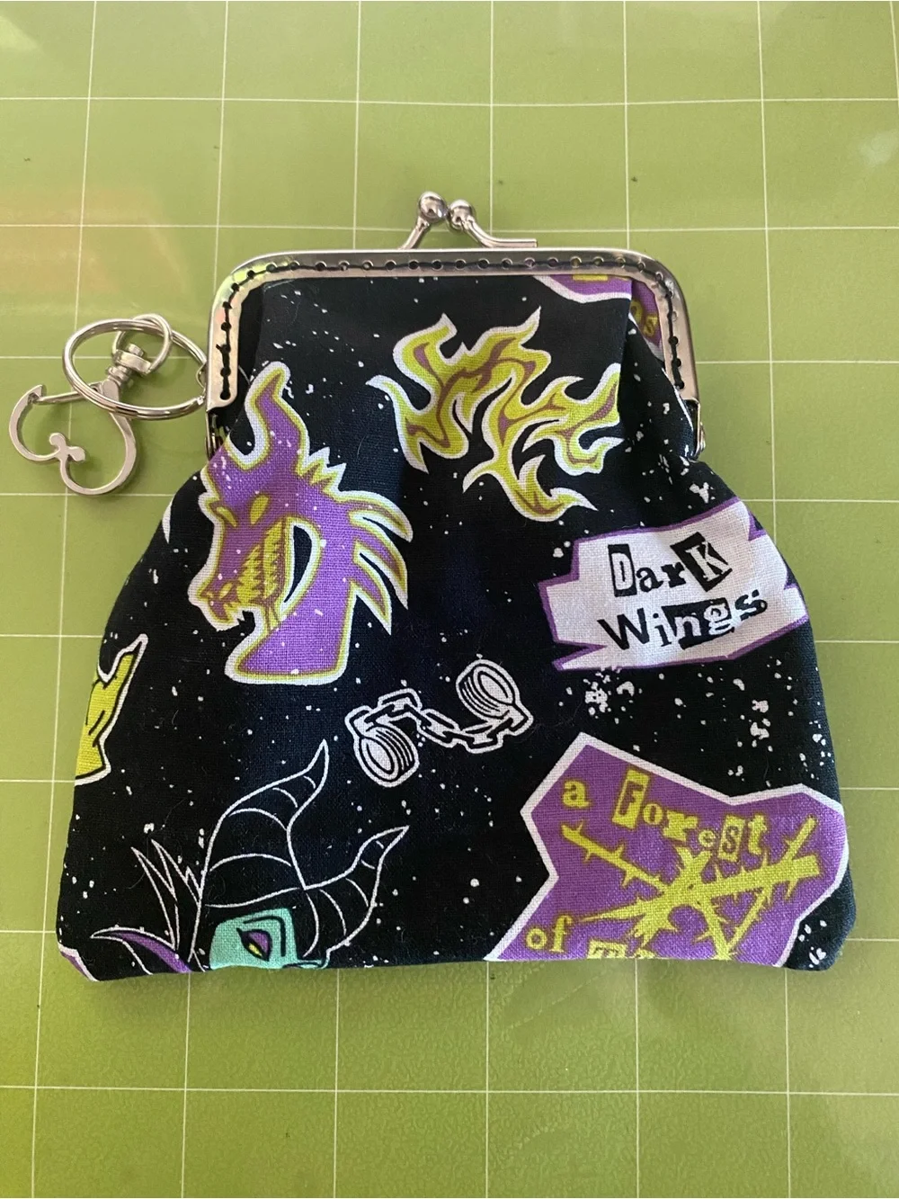 Handmade Disney Maleficent Black Coin Purse with Purple & Green Motifs
